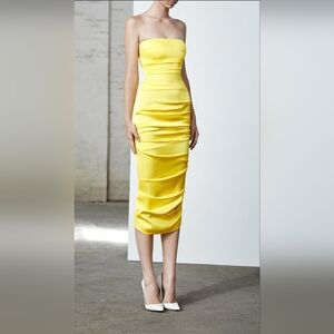 Alex Perry Ace Ruched Satin Strapless Yellow Dress